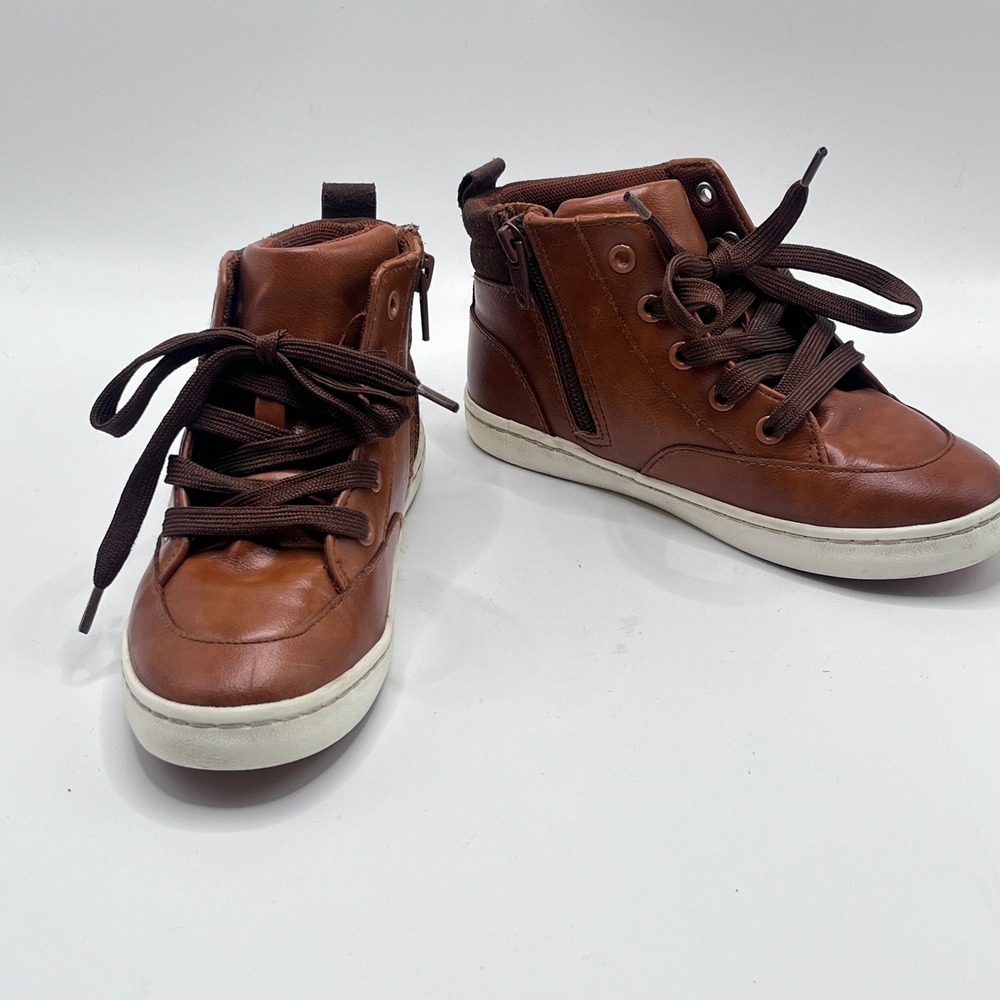 Target Kids Brown Faux Leather High Top Sneakers Side Zip Size 12 093120056